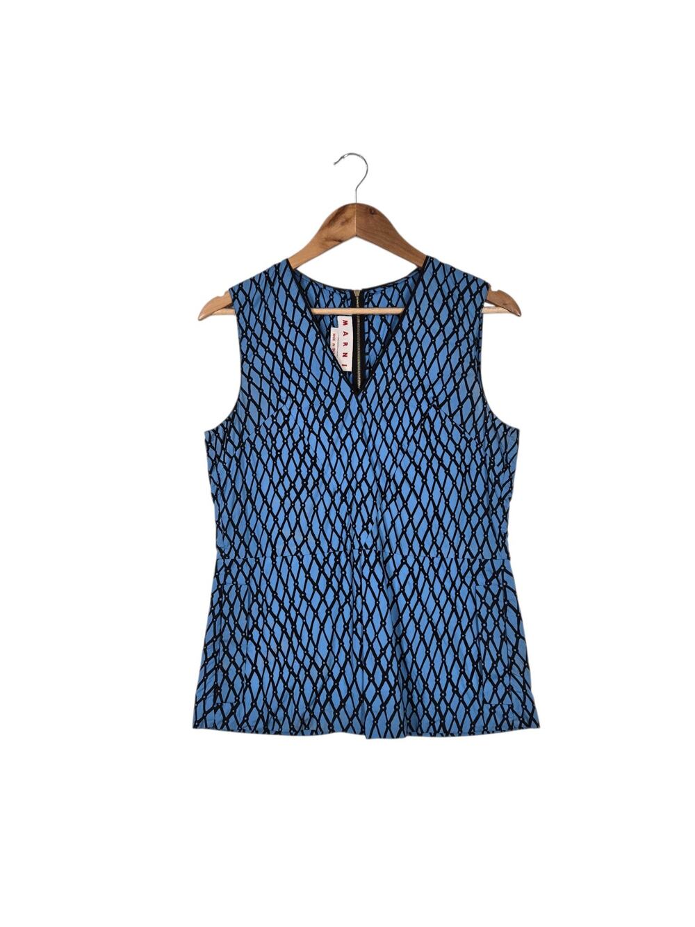 Marni Top sz 42 Italy DISCOLORATION Blue Black Geo 100% Cotton Print Sleeveless